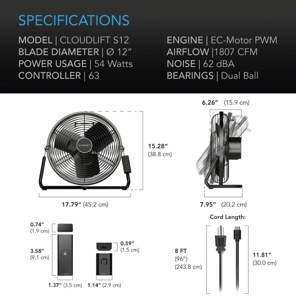 AC Infinity Cloudlift S12 With Wireless Controller