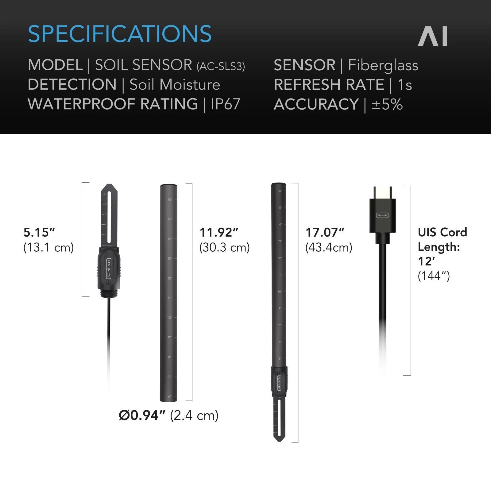 AC Infinity AI Soil Sensor, for Moisutre and Saturation Level Monitoring