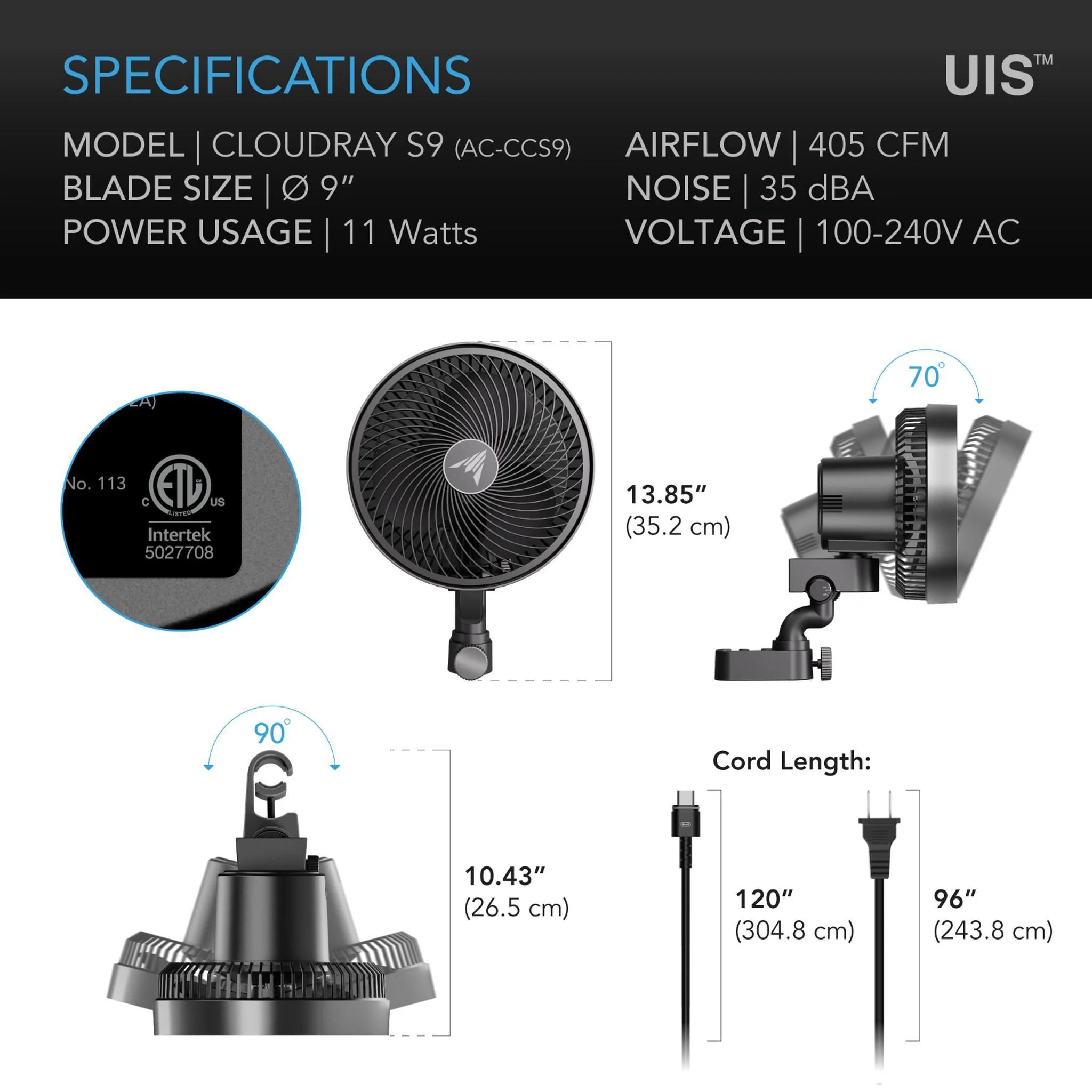 AC Infinity Cloudray S9 Clip Fan 9"