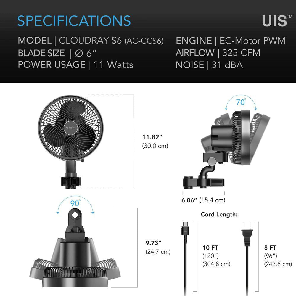 AC Infinity Cloudray S6, Gen 2 Clip Fan - 150mm | 6" (Auto-oscillating)