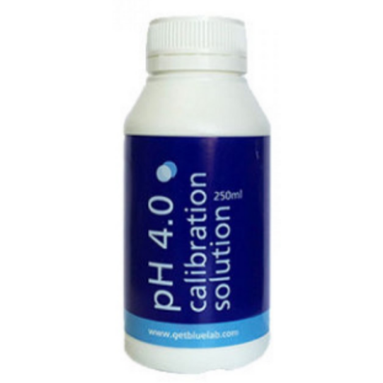 A bottle labeled pH 4.0 calibration solution with a capacity of 250ml.
