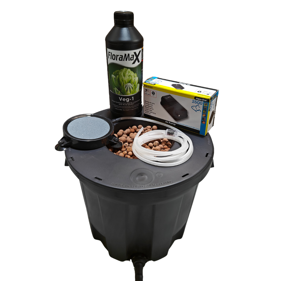 A hydroponic system starter kit including a 15ltr Pro Pot bucket, a 150mm mesh pot, an air stone, an Aqua One air pump, tubing, an air check valve, a drain tap, and some nutrients.