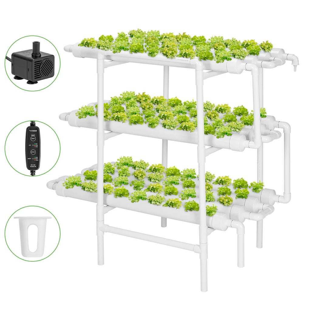 NFT Tower Hydroponic gardening system with plants on a white background