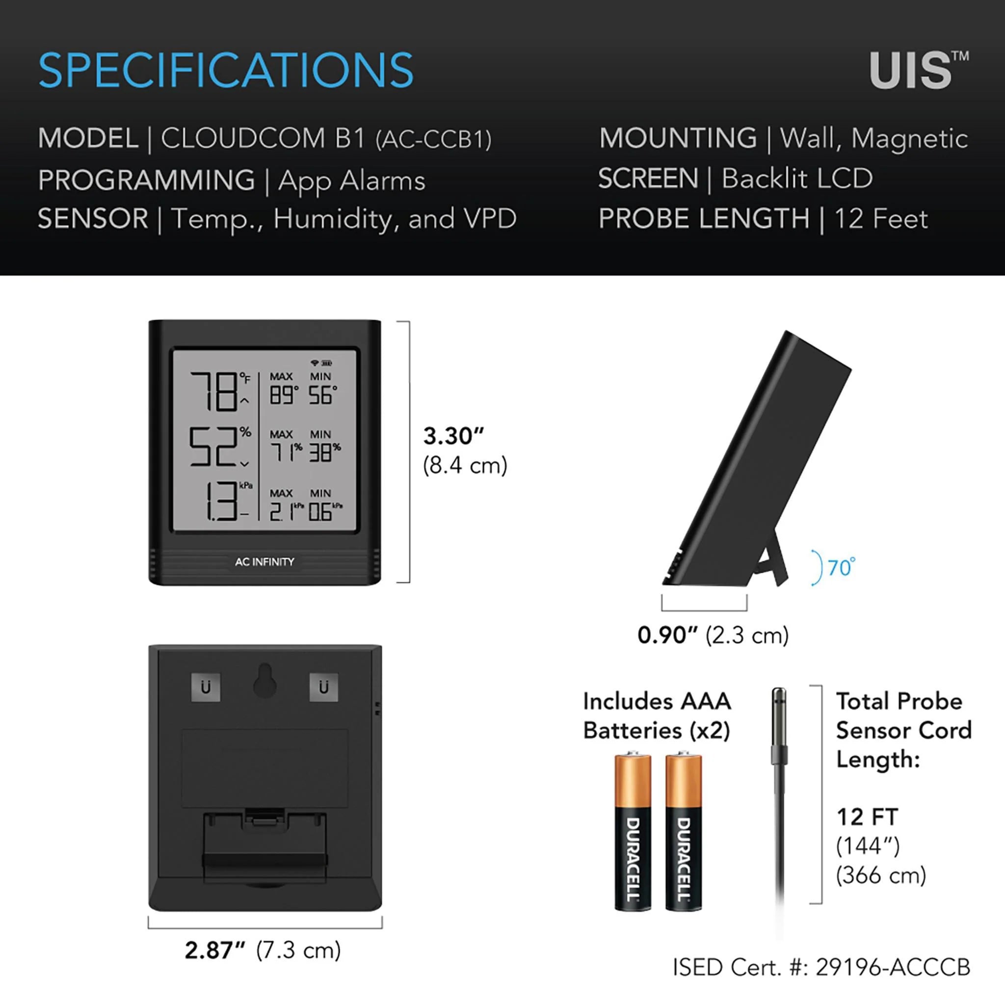 AC Infinity Cloudcom B1 Smart Thermo-Hygrometer 12ft Sensor