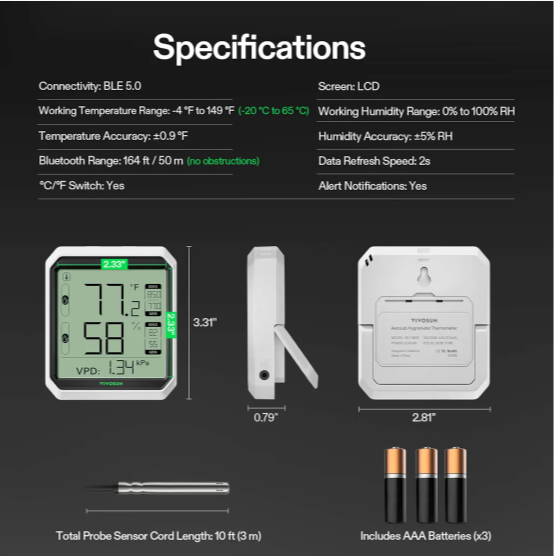 Vivosun AeroLab THB1S Bluetooth Hygrometer Thermometer