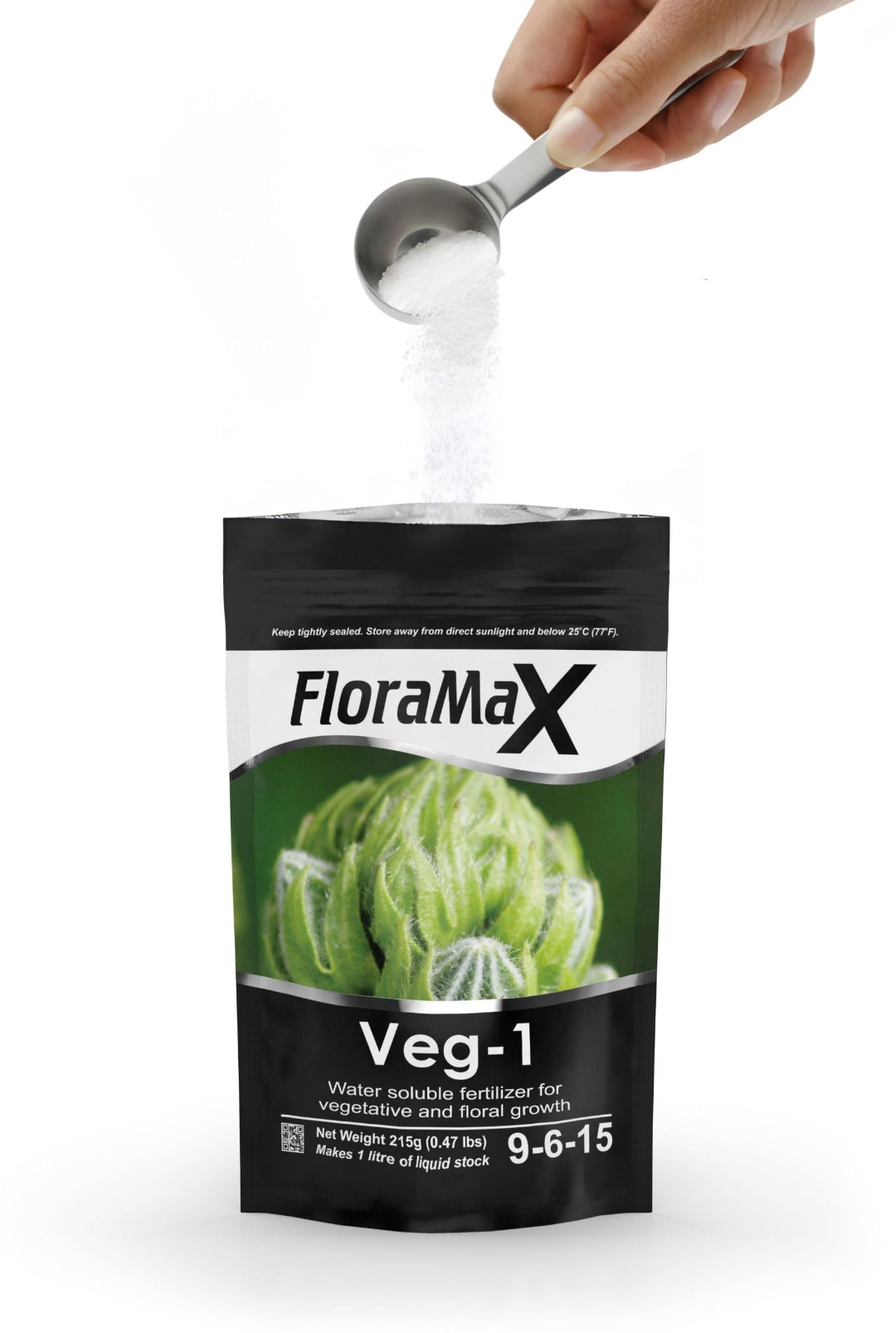FloraMax Veg-1 fertilizer package with a hand scooping product out