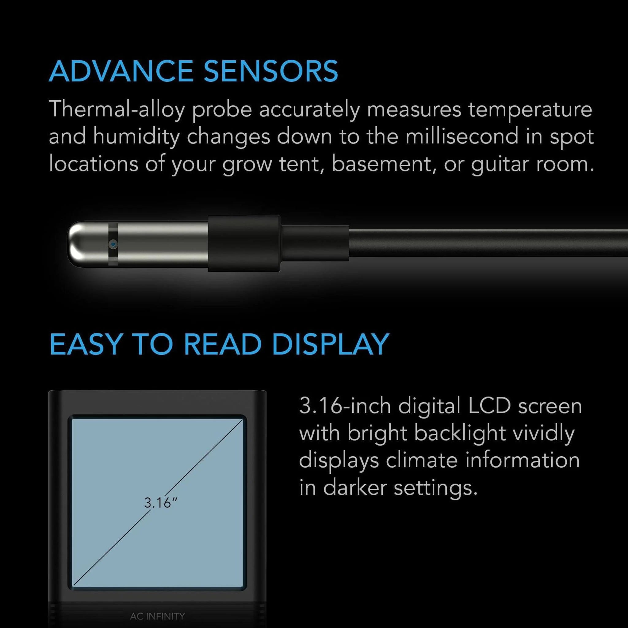 AC Infinity Cloudcom B1 Smart Thermo-Hygrometer 12ft Sensor