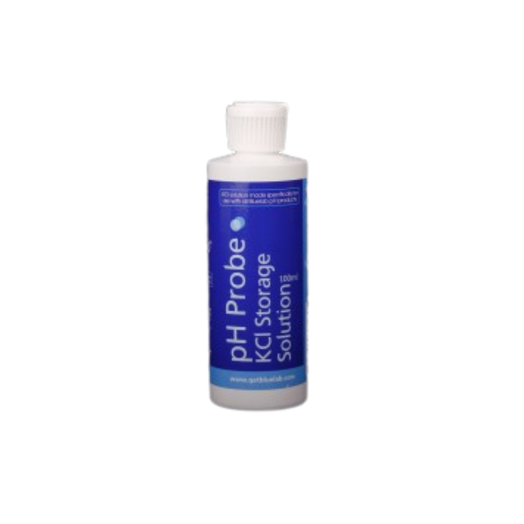 A bottle labeled pH Probe Storage Solution intended for use in maintaining pH probe and pen accuracy.