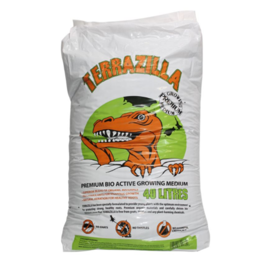 A bag of Terrazilla premium bio-active growing medium with a capacity of 40 liters. The bag is white with a graphic of a dinosaur and green plant-based materials.